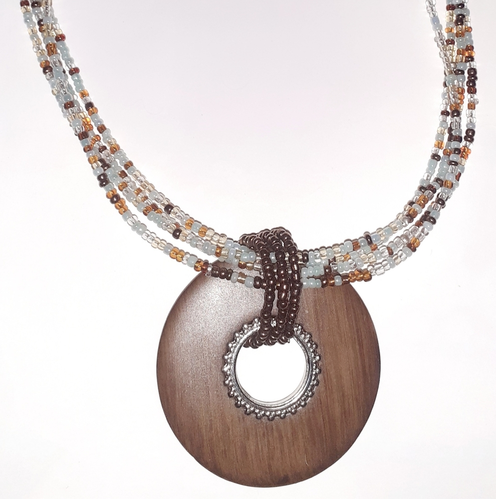 Cookie Lee Seed Bead Coppertone Wood Round Pendant Necklace
